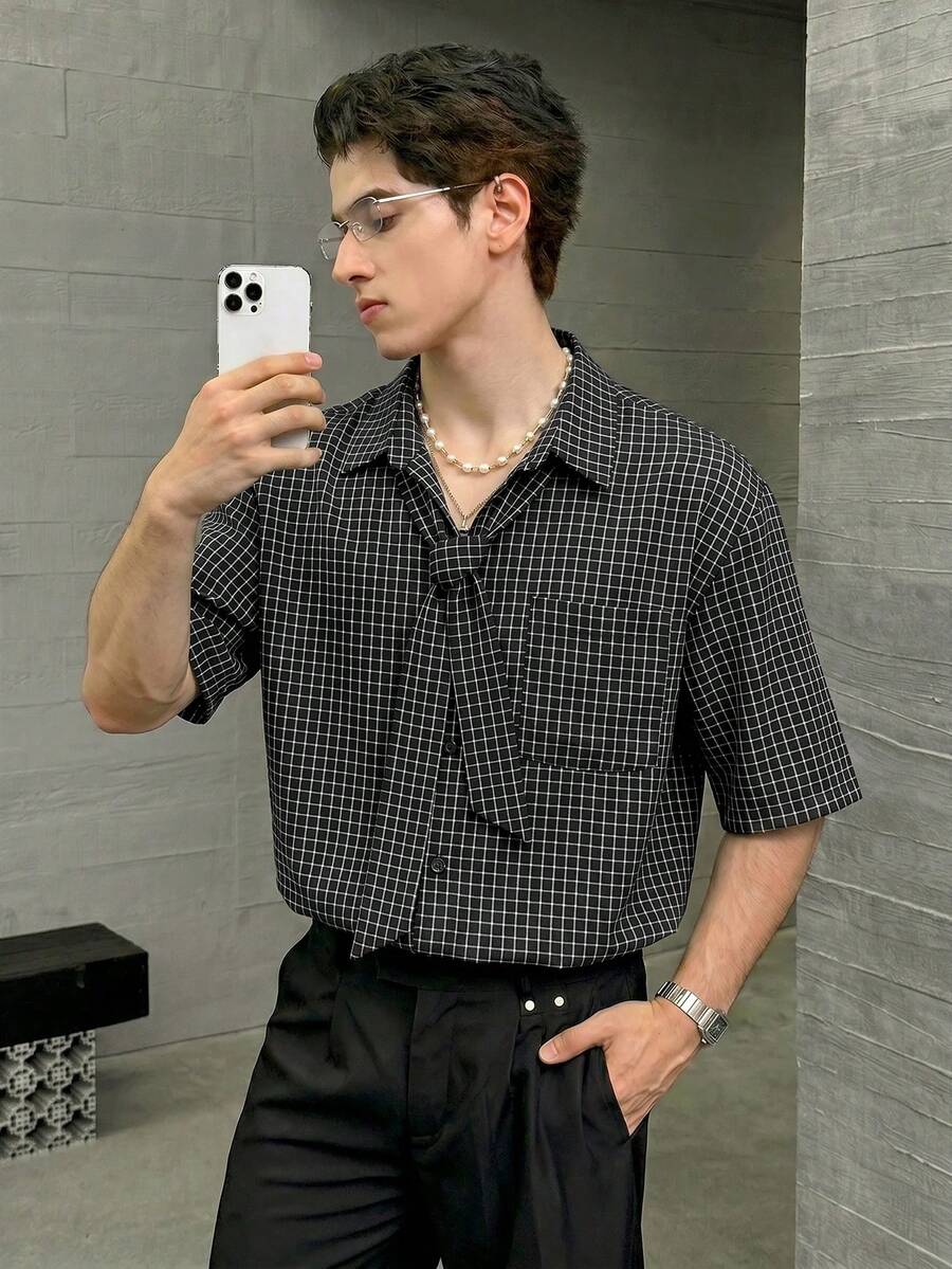 SWAVVY Spring/Summer Men's Plaid Casual Short Sleeve Shirt - Black - View 1
