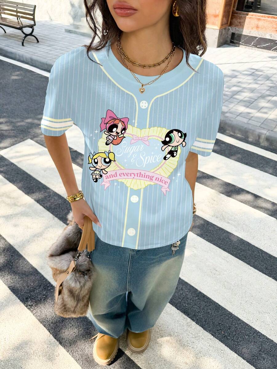 THE POWERPUFF GIRLS X SHEIN 女款夏季休閒條紋卡通印花T恤 - 白色 - 查看 1