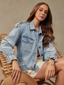 WESTFADE Jaket Longgar Berbahan Renda dan Denim Romantis, Musim Dingin, Musim Gugur, Gaya Koboi Wanita, Tampilan Country Wanita, Kembali ke Sekolah, Gaya Barat, Rodeo, Atasan Lucu - Light Wash - View 1
