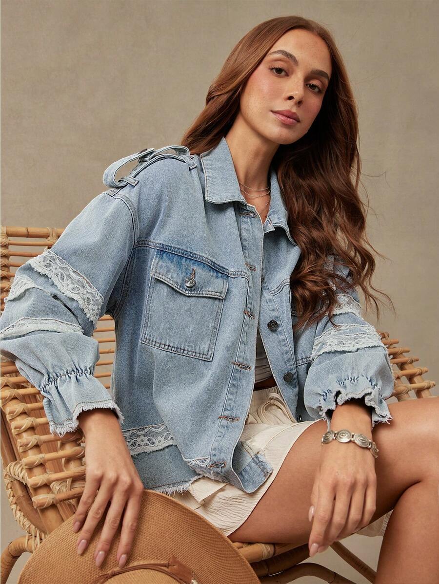 WESTFADE Jaket Longgar Berbahan Renda dan Denim Romantis, Musim Dingin, Musim Gugur, Gaya Koboi Wanita, Tampilan Country Wanita, Kembali ke Sekolah, Gaya Barat, Rodeo, Atasan Lucu - Light Wash - View 1
