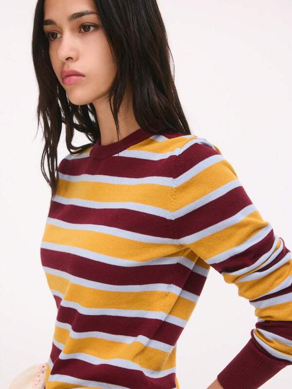 Nöista Striped Knit Sweater In Burgundy, Mustard And Blue. Fall, Back To School And Everyday Style.