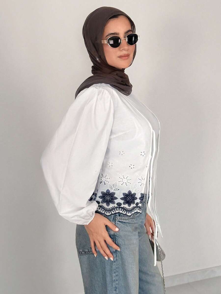 Solavon 女款時尚刺繡前綁帶襯衫,適合度假與旅行 - 白色 - 查看 1