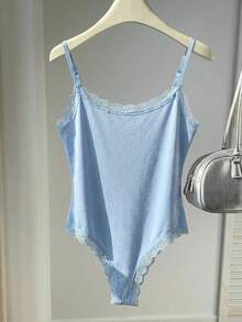 Comfortcana 女士夏季休闲纯色蕾丝边连体衣 - 藍色 - 查看 3