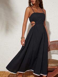 Travachic Vestido de mujer de unicolor con diseño de abertura lateral y tirantes finos - Negro - Ver 7