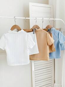 SHEIN 兒童 6件組 小男孩休閒校園風舒適時尚極簡實用百搭可愛紋理短袖上衣與短褲 白色 - 彩色 - 查看 2