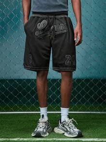 EVRINFINITE Men's 8/24 Black Basketball Shorts, Casual Embroidered Stitching Zipper Pockets, Suitable For Party And Sports Wear - Black - View 1