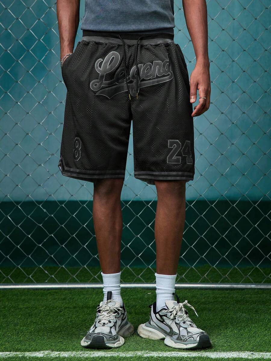 EVRINFINITE Men's 8/24 Black Basketball Shorts, Casual Embroidered Stitching Zipper Pockets, Suitable For Party And Sports Wear - Black - View 1
