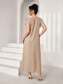 SHEIN Najma 女款圓領花卉蕾絲拼接短袖阿拉伯風洋裝 - 卡其色 - 查看 2