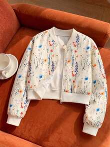 Tween Girl Floral Print Long Sleeve Zipper Front Baseball Jacket - Apricot - View 3