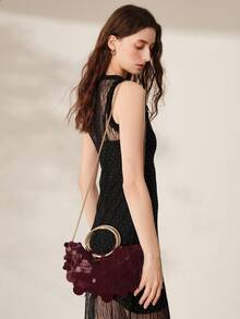 MOTF WOMEN'S FASHION BURGUNDY SEQUINED HANDBAG, ROUND HANDLE, EXQUISITE SHINY SIMPLE SEMI-ROUND BAG, SUITABLE FOR DATING AND PARTIES, SUMMER VACATION, TRAVEL, SEASIDE, BEACH, BOHEMIAN, MATCHING - Burgundy - View 9
