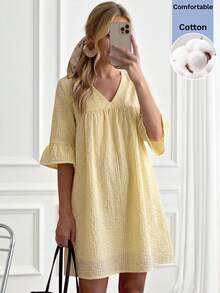 Easowa Women's V-Neck Pleated Casual Cute Elegant Sexy Everyday Dress Vacation Pastal Autumn Cotton Comfortable Beach Garden Party Brunch Golf Light Yellow - Light Yellow - View 2
