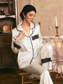 Côtesoire Set Piyama Wanita Gaya Prancis Selatan Elegan Romantis dengan Renda, Warna Kontras, Kerah Satin, dan Bukaan Depan - Putih - View 5