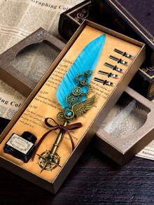 1 Set Jubaboz Calligraphy Brush Pen With Stamp And Sealing Wax, Feather Pen, Ink, Vintage Writing Ink Dip Pen With Mechanical Gear Back To School - multicolor - View 8