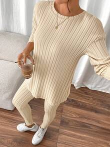 SHEIN Frenchy Drop Shoulder Ribbed Knit Tee & Leggings Textured Fabric Two Pieces - Apricot - View 6