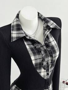 Elamini Women's Autumn Casual 2 In 1 Plaid Patchwork Long Sleeve Slim Fit Shirt - Black - View 1