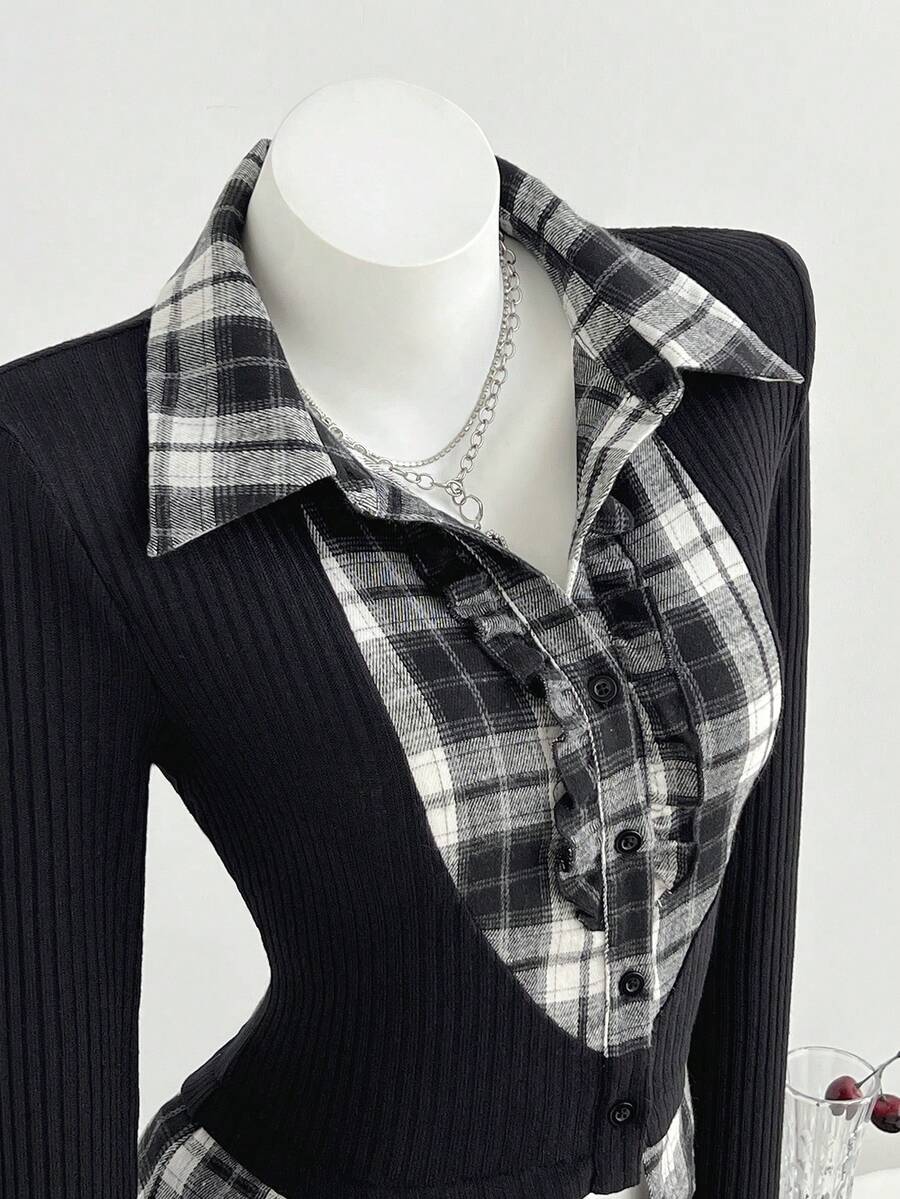 Elamini Women's Autumn Casual 2 In 1 Plaid Patchwork Long Sleeve Slim Fit Shirt - Black - View 1