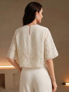 Anewsta Women's New Elegant Vacation Style Wedding Banquet Sheer Heavy Embroidery Hollow Out Round Neck Short Sleeve Cover Up - White - View 5