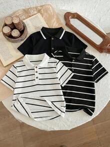 SHEIN 兒童小男孩休閒 3 件套短袖 Polo 衫套裝 - 黑與白 - 查看 6