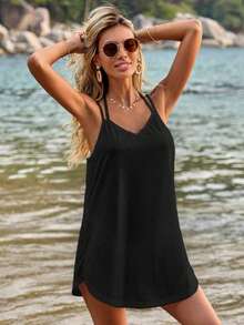 SHEIN VCAY 女款時尚休閒優雅純色迷你寬鬆細肩帶夏季度假洋裝 - 黑色 - 查看 4