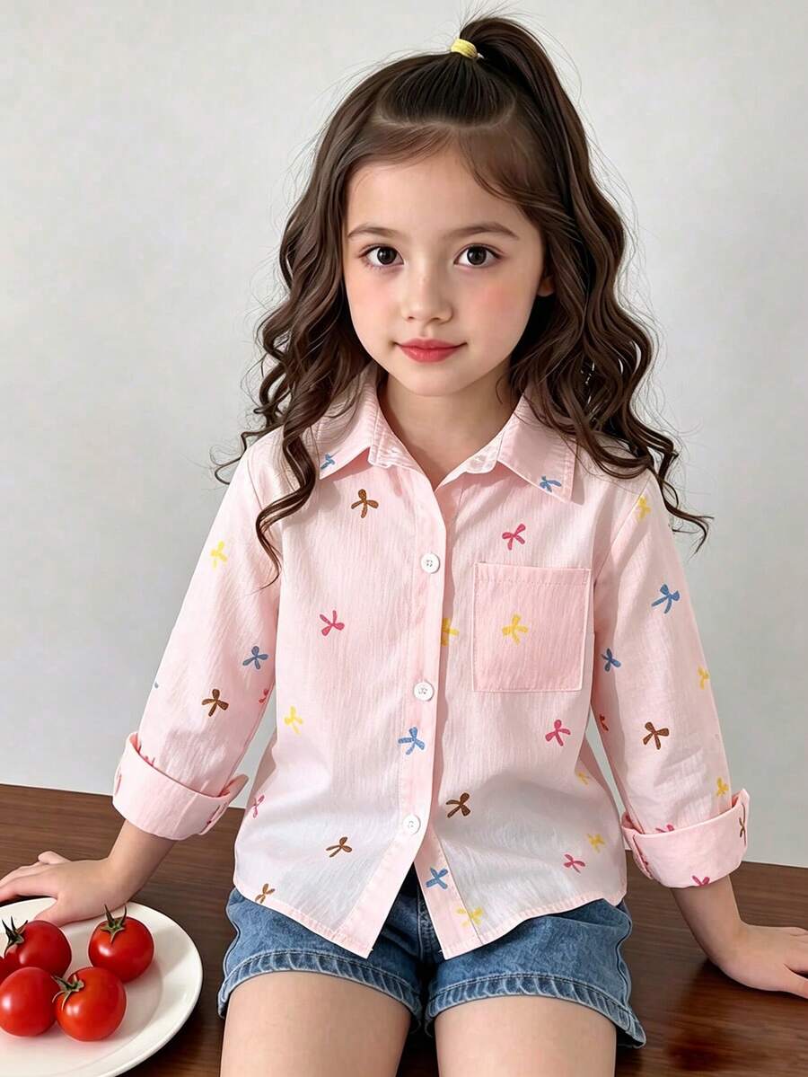SHEIN Playful Pals YOUNG GIRLS 返校季粉色繽紛蝴蝶結印花長袖領口襯衫 學院風鈕扣上衣 紋理面料童裝 秋季單件