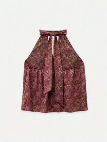 Nöista Floral Mandarin Collar Top With A-Line Fit For Summer Vacation And Casual Chic Looks. - Coffee Brown - View 8