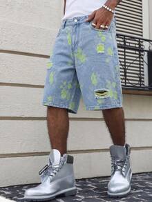 Manfinity Homme Shorts vaqueros con botones y bolsillos desgastados con efecto jacquard para hombre - Azul - Ver 6
