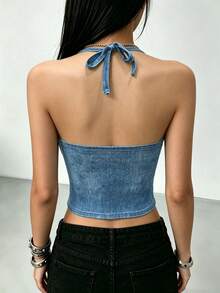 INAWLY Top de tirantes tipo halter con estampado efecto denim y diseño de remaches para mujer - Azul - Ver 2