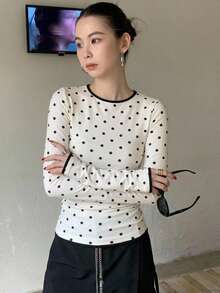 FRIFUL Women's Round Neck Flocked Polka Dot Fitted Tight Contrast Edge T-Shirt Long Sleeve - Beige - View 10