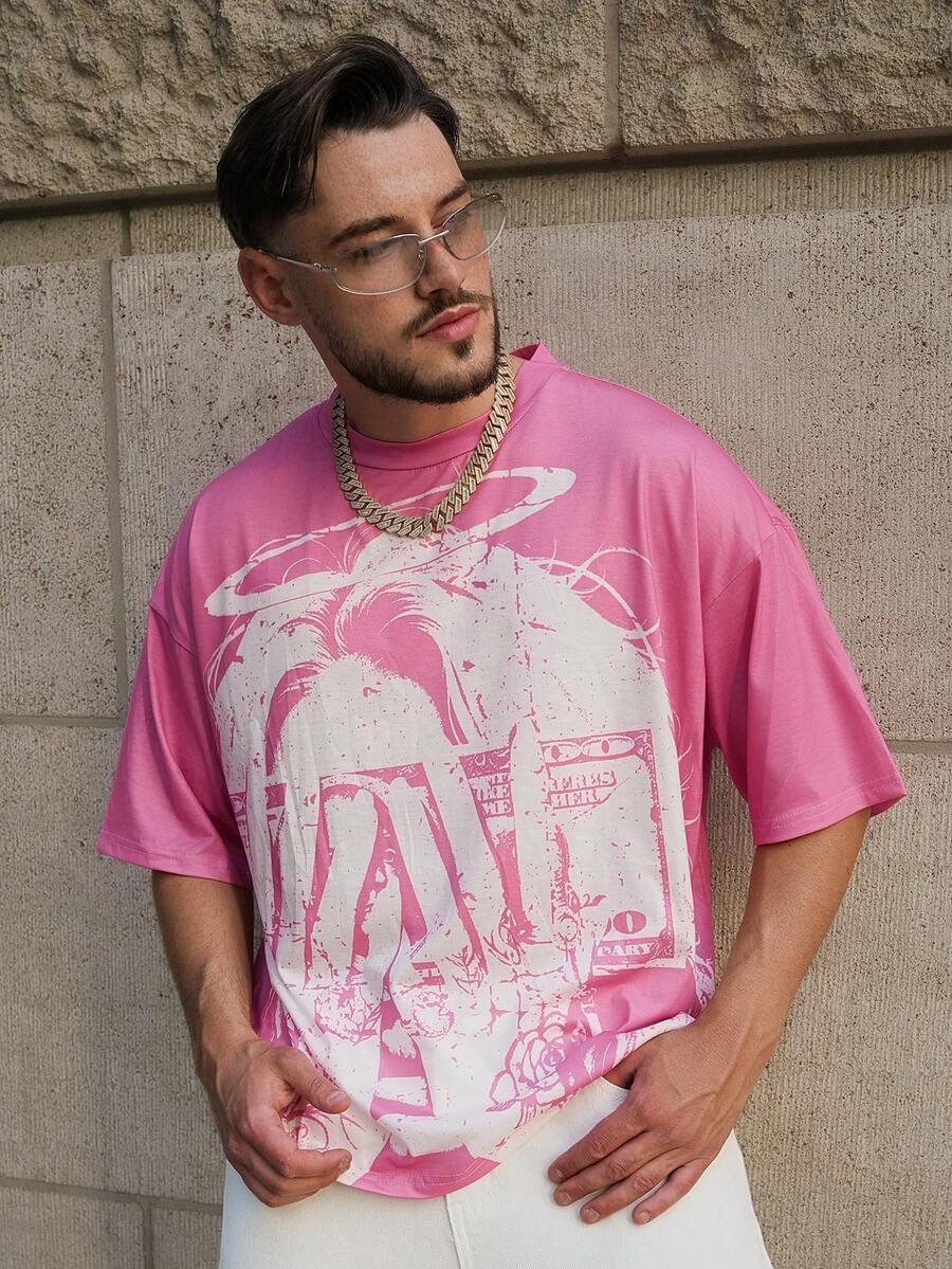 LEOGASHI LEOGASHI Men's Graphic Print Round Neck Short Sleeve Casual T-Shirt - Baby Pink - View 1