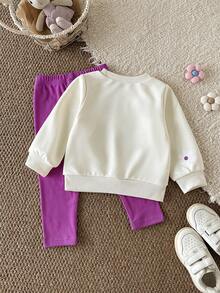 SHEIN Vintaside Kids 女嬰秋季紫色兩件套，刺繡衛衣與針織內搭褲，可愛極簡風，適合與紫色長褲家庭穿搭 - 紫色 - 查看 3