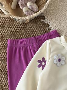 SHEIN Vintaside Kids 女嬰秋季紫色兩件套，刺繡衛衣與針織內搭褲，可愛極簡風，適合與紫色長褲家庭穿搭 - 紫色 - 查看 6