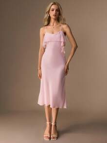 Willow Rêve Women's Chiffon Cowl Neck Midi Dress, Bias Cut Ruffle Mermaid Dress, Pink Slip Dress - Baby Pink - View 3