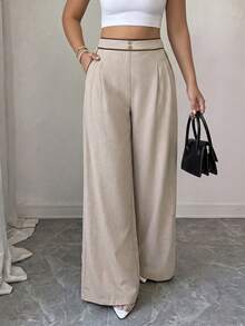 Elenzga Plus Size Women's High Waist Pocket Wide Leg Loose Pants, Summer Autumn Long Contrast Color Edge, Business Casual Casual Elegant Beige Office Formal - Apricot - View 5