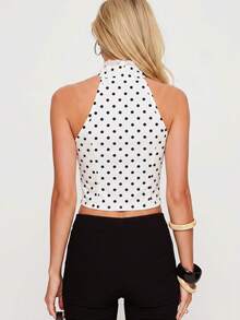Soleia Women's Spring/Summer/Autumn Elegant Sexy Party Vacation Commute Casual Pure White And Black Polka Dot Sleeveless Stand Collar Asymmetric Neckline - White - View 4
