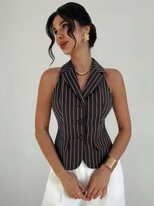 Firerie 女款優雅極簡通勤都市現代休閒日常時尚新款熱銷復古棕色條紋翻領收腰無袖西裝背心 - 黑色 - 查看 7