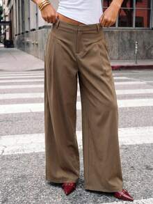 Avantive Women's Solid Color Pleated Wide Leg Loose Casual Long Pants - Cocoa - View 3
