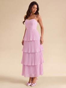 SHEIN Glamour Damen Maxikleid, mehrlagiger Stufenrock, plissierter langer Rock, rosa trägerloses Kleid, Urlaub, Party, Hochzeit und andere Bankett charmantes Kleid - Pink - Übersicht 7