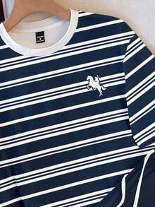 OldRiff 男士休閒條紋印花短袖T恤與長褲居家服套裝 - 藍色 - 查看 3