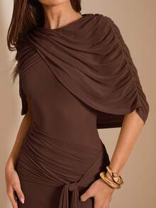 SHEIN BAE Autumn Dark Brown Mesh Shawl Evening Gown, High Neck Draped Pleated Tie-Up Fitted Mermaid Long Dress, Elegant Wedding Formal Guest Party Dress - Coffee Brown - View 7