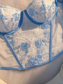 Crystal Vow 1pc Women's Light Blue Romantic Wedding Longline Shaping Bra, Embroidered Thin Cup, Underwire, Push-Up, Adjustable Straps - Baby Blue - View 4