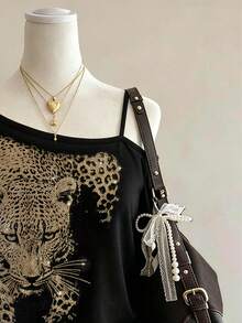 Lalippa Leopard Print Shiny Rhinestone Embellished Fashion Minimalist Women's Camisole Elegant Long Sleeve T-Shirt Friend's Gift - Black - View 3