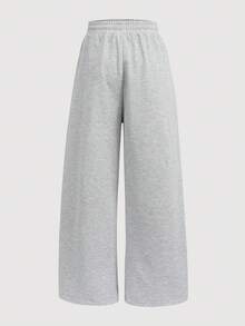 SHEIN Pantalones largos de unicolor con cintura con cordón, casuales y versátiles para uso diario para niñas preadolescentes - Gris - Ver 2