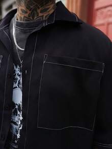 Artur Kramer Men's Summer Casual Daily Commute Fashion Street Contrast Stitch Pocket Short Sleeve Shirt And Drawstring Waist Shorts Set - Black - View 4