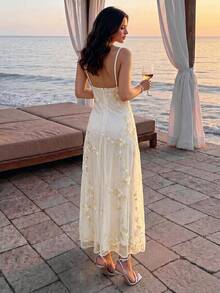Aloruh Women's White Floral Elegant Party Maxi Dress, Deep V Ruched Bust Embroidered Fitted Waist Summer Wedding Guest Dress Island Vacation Outfits - Apricot - View 8