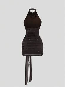 Sweetra Women's Solid Color Shiny Knot Design Elegant Halter Neck Dress - Brown - View 2
