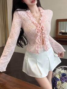 DAZY 秋季粉色花卉鏤空蕾絲前綁帶開襟衫，修身女款上衣，適合派對、茶會、度假、外出、夜晚聚會、約會、婚禮，性感可愛 - 粉色 - 查看 7