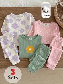 SHEIN Piyama Bayi Perempuan Pas Badan 3 Potong, Atasan Pullover Lengan Panjang Kerah Bulat Bergaris Motif Polkadot & Bunga, Celana Panjang Pinggang Elastis, Pas Badan - MultiWarna - View 8