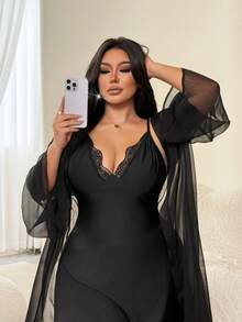 NU&NOW Plus Size 2pcs Long Sleeve Sexy Hot Girl Influencer Elegant Pajama Set For Party Fall - Black - View 5