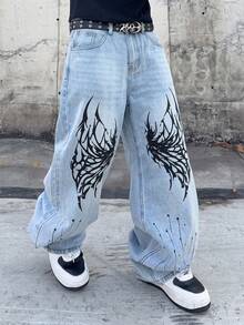 Manfinity EMRG Men's Gothic Streetwear Y2k Pattern Casual Versatile Daily Travel Denim Jeans With Pockets Holiday Light Blue Summer - Light Wash - View 5
