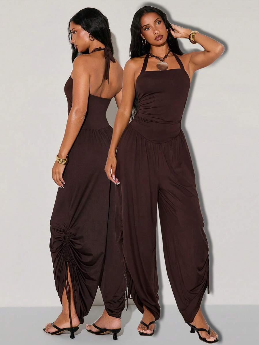Normani Women's Solid Color Pleated Halter Jumpsuit Vacation Dark Brown Summer Sexy